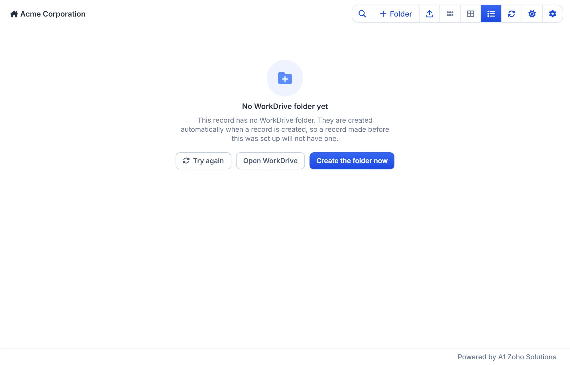 A Zoho CRM record without a WorkDrive folder offers Create the folder now