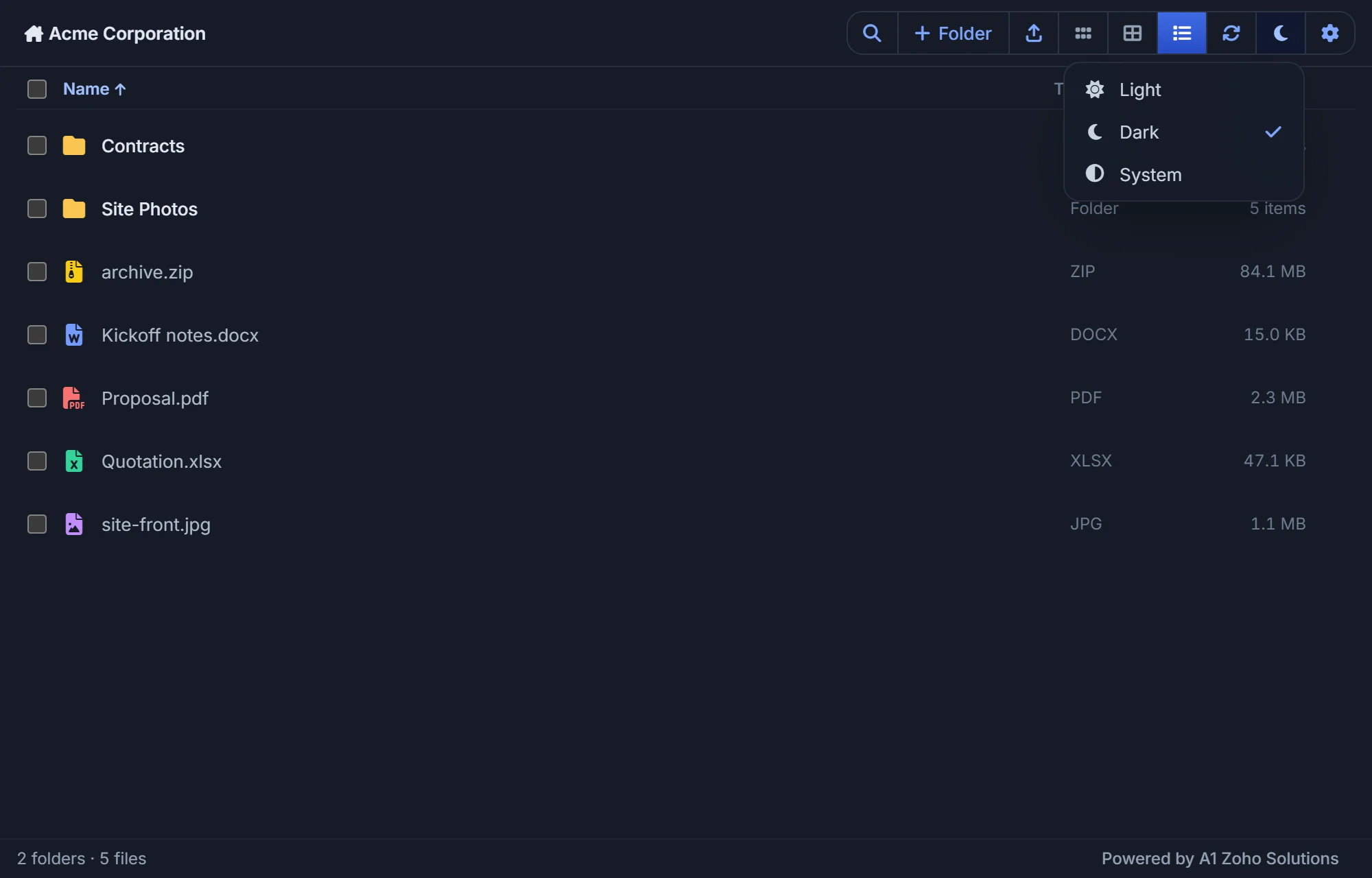 The WorkDrive files panel in dark theme, with the Light, Dark and System theme menu