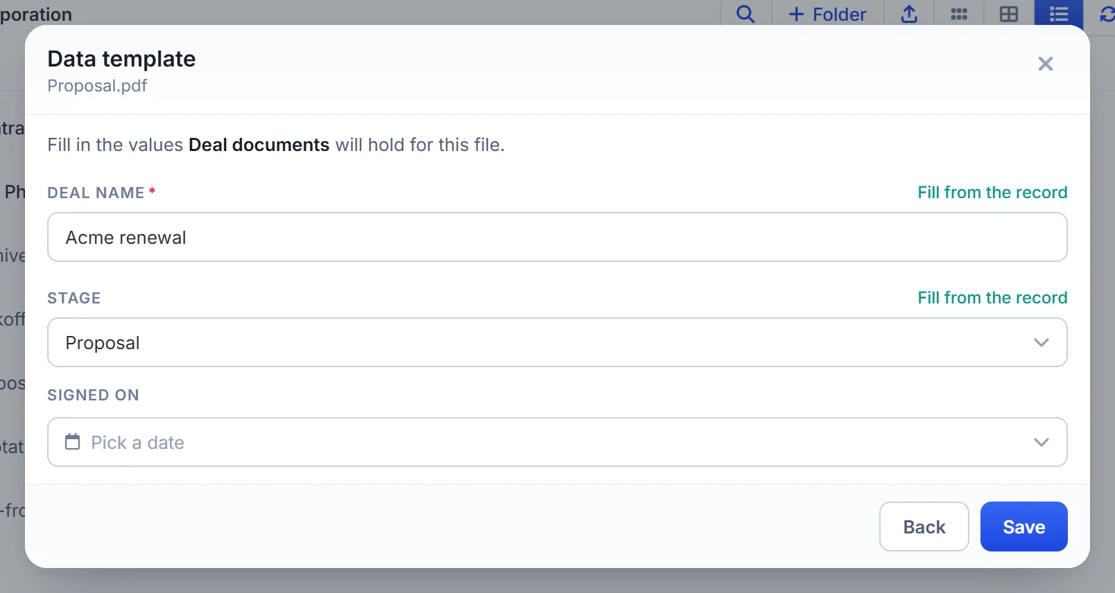 Fill a WorkDrive data template on a file, with values taken from the Zoho CRM record