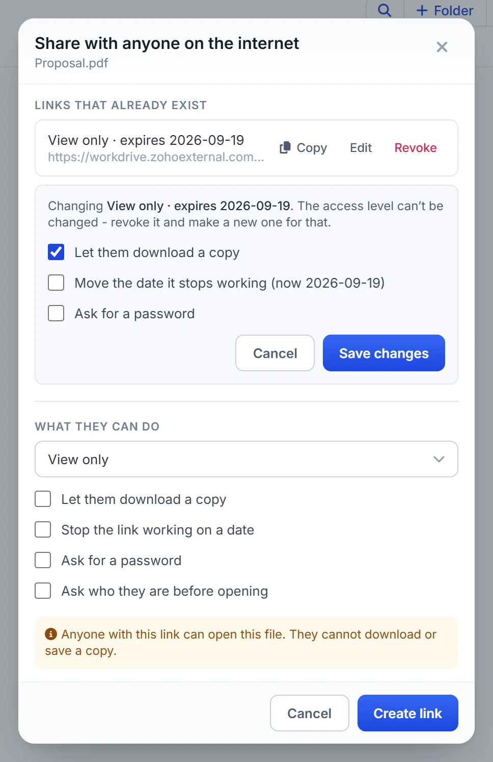 Edit an existing share link: add or remove a password, change the end date or turn downloading on or off