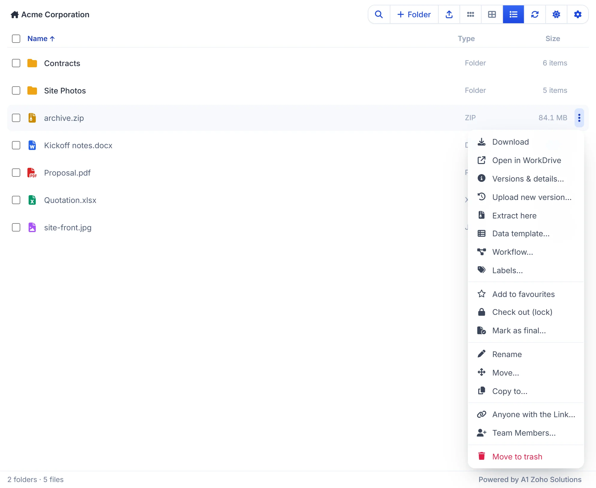 Extract a ZIP file into a folder from the file menu in Zoho CRM