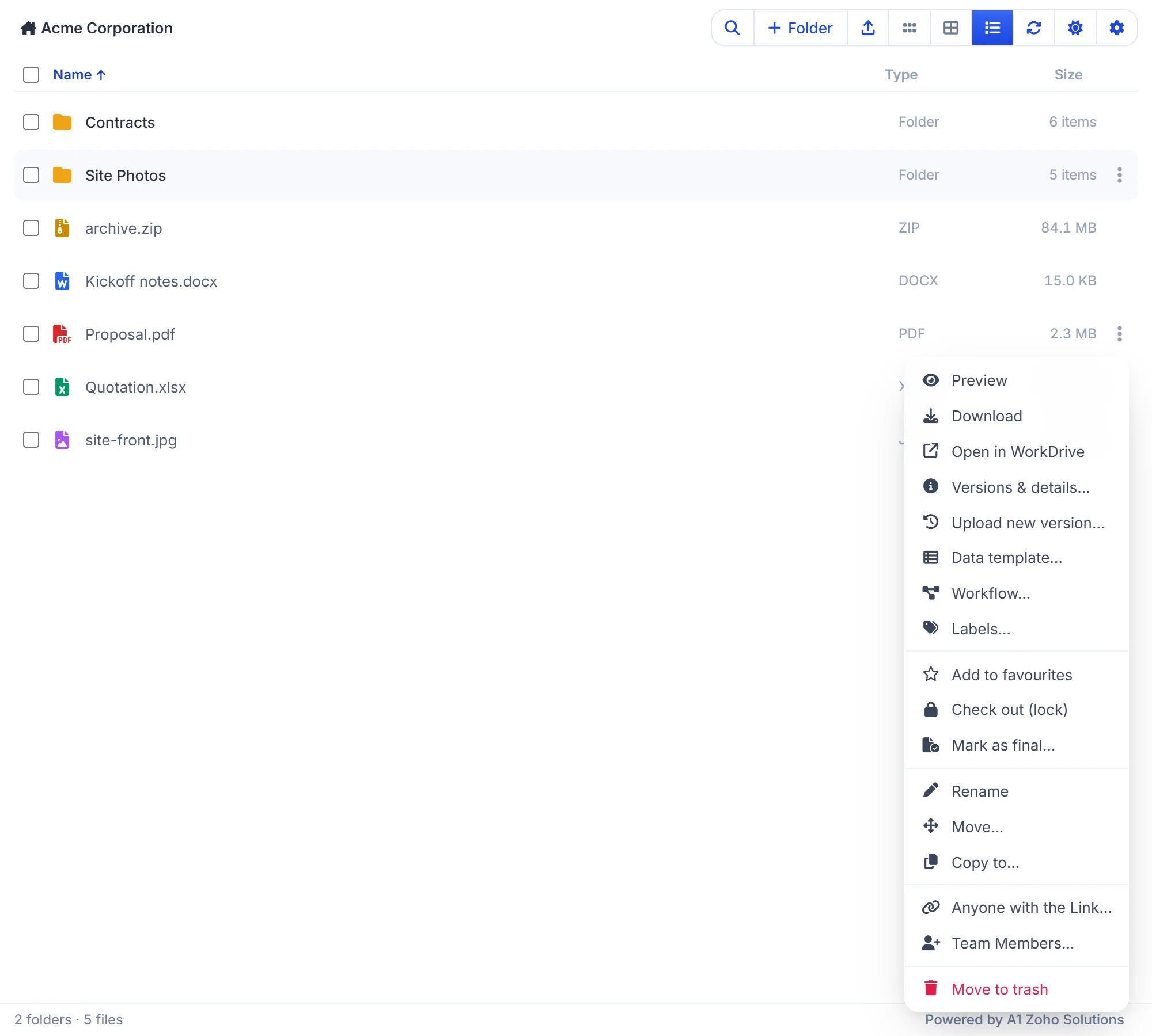 The file menu in the WorkDrive files panel: preview, download, versions and details, data template, workflow, labels, favourites, check out, mark as final, rename, move, copy, share and trash