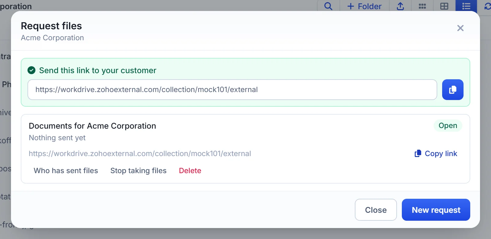 A file request link ready to send, with the requests already made and who has sent files