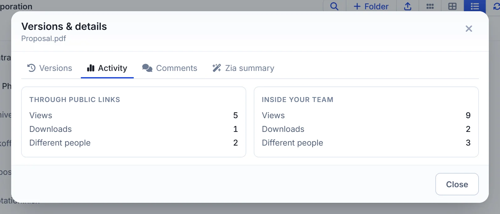 File activity: how many times a WorkDrive file was viewed and downloaded, in the team and through public links