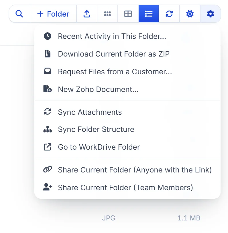 The folder actions menu: recent activity, download as ZIP, request files, new Zoho document, sync attachments, sync folder structure, go to WorkDrive and share the current folder