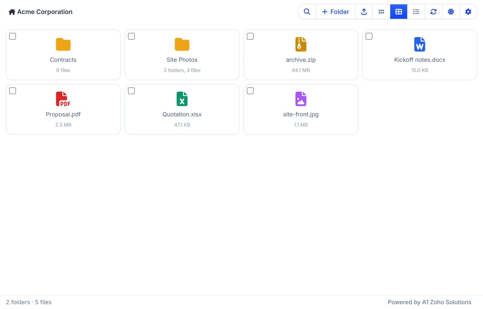 Grid view of WorkDrive files and folders in the Zoho CRM files panel