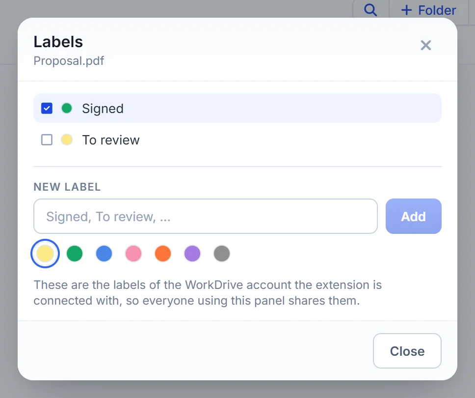 Add WorkDrive labels to a file from Zoho CRM, or create a new label
