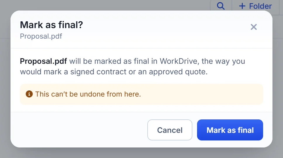 Confirm before marking a file as final in WorkDrive from Zoho CRM