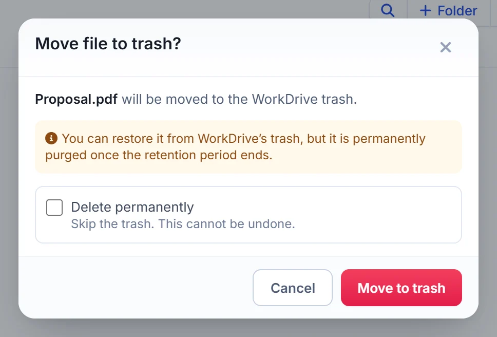 Move a file to the WorkDrive trash, or delete it permanently, from Zoho CRM