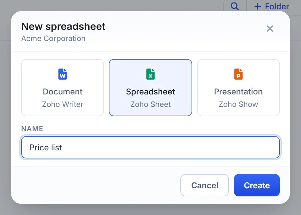 Create a new Zoho Writer document, Zoho Sheet spreadsheet or Zoho Show presentation in the record's folder