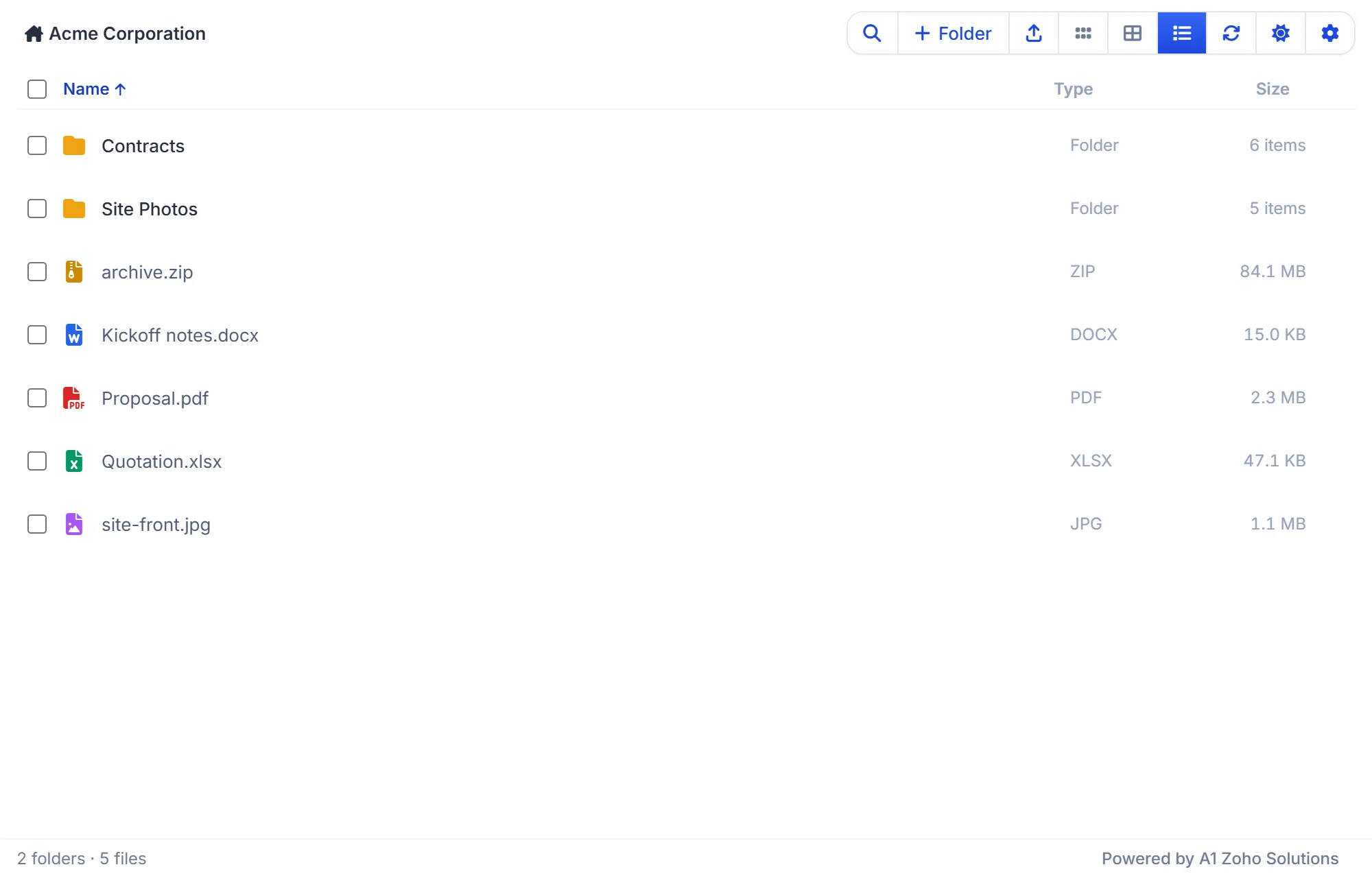 The WorkDrive files panel on a Zoho CRM record: folder path, search, new folder, upload, views, refresh, theme, folder actions and the file menu