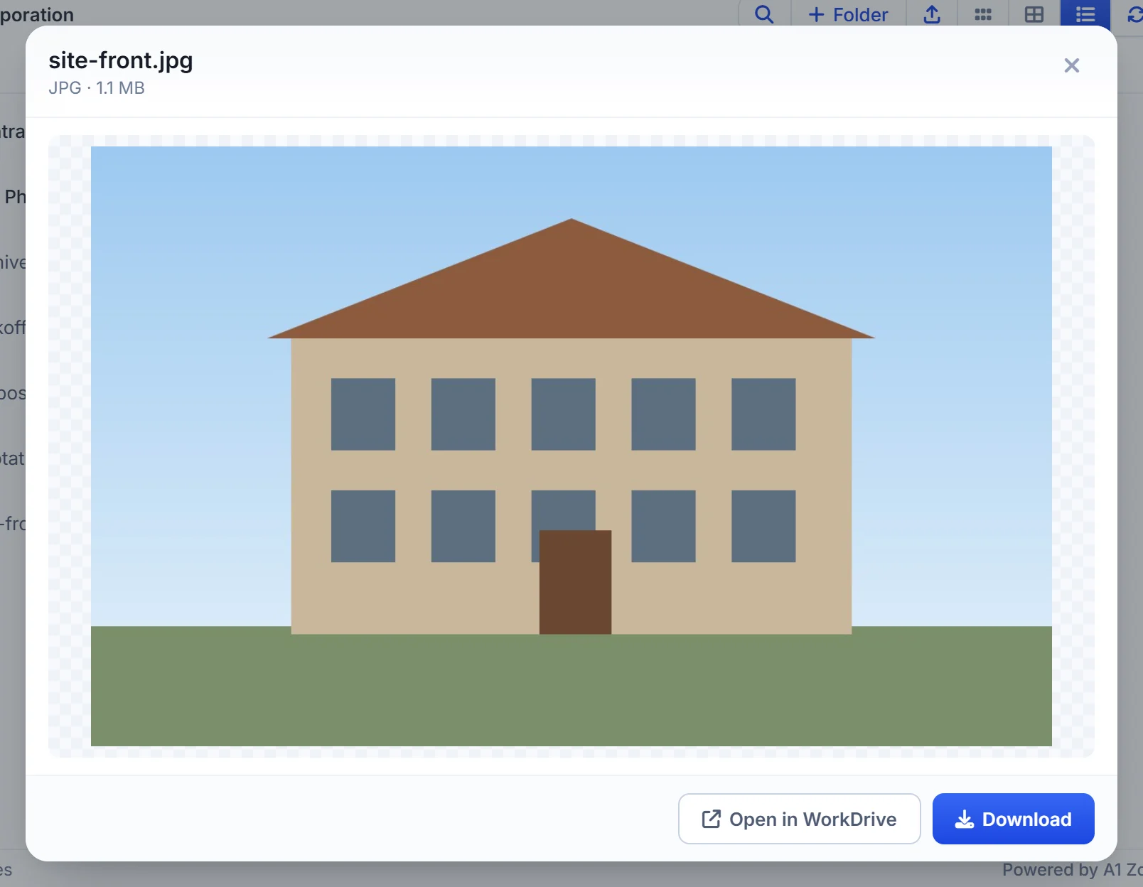 Preview a WorkDrive image inside Zoho CRM, with Open in WorkDrive and Download buttons