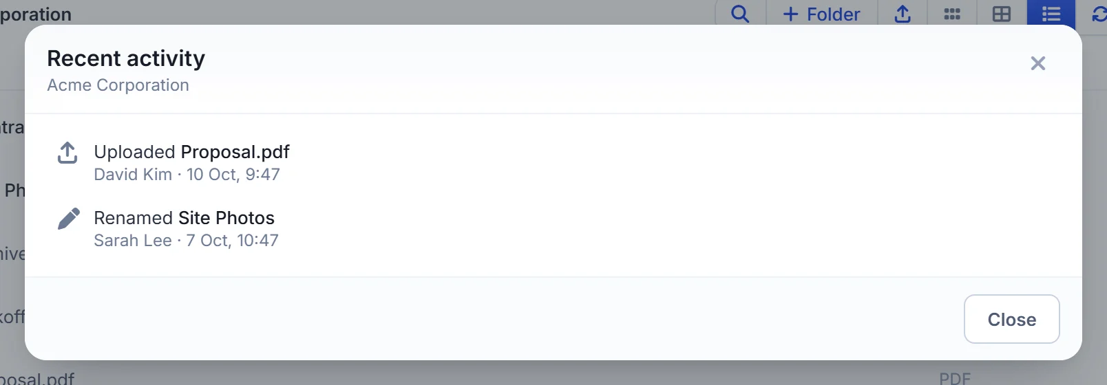 Recent activity in the record's WorkDrive folder: what was added, renamed, moved or deleted and by whom