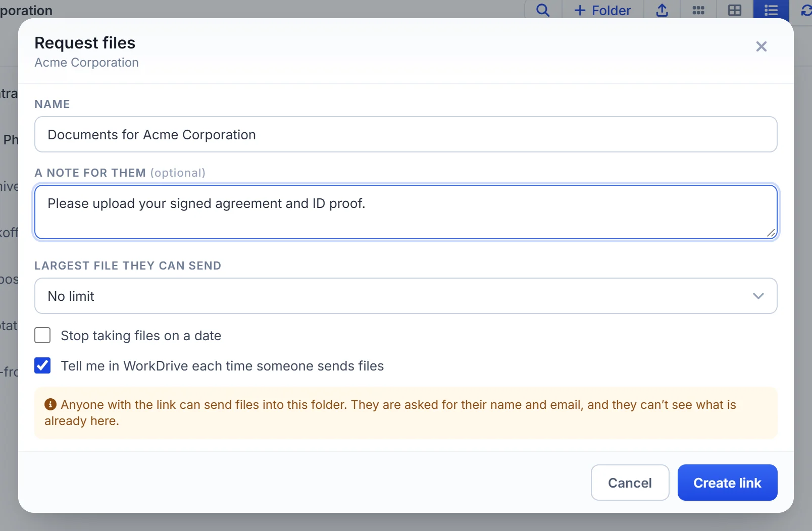 Request files from a customer: a public upload link into the record's WorkDrive folder with an optional note, size limit and end date