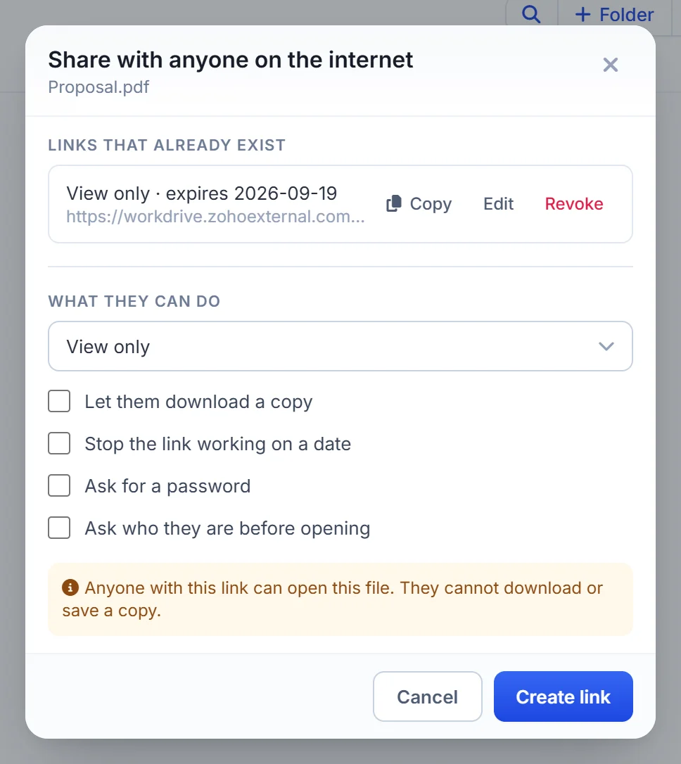 Share a WorkDrive file with anyone on the internet from Zoho CRM: access level, download, end date, password and existing links