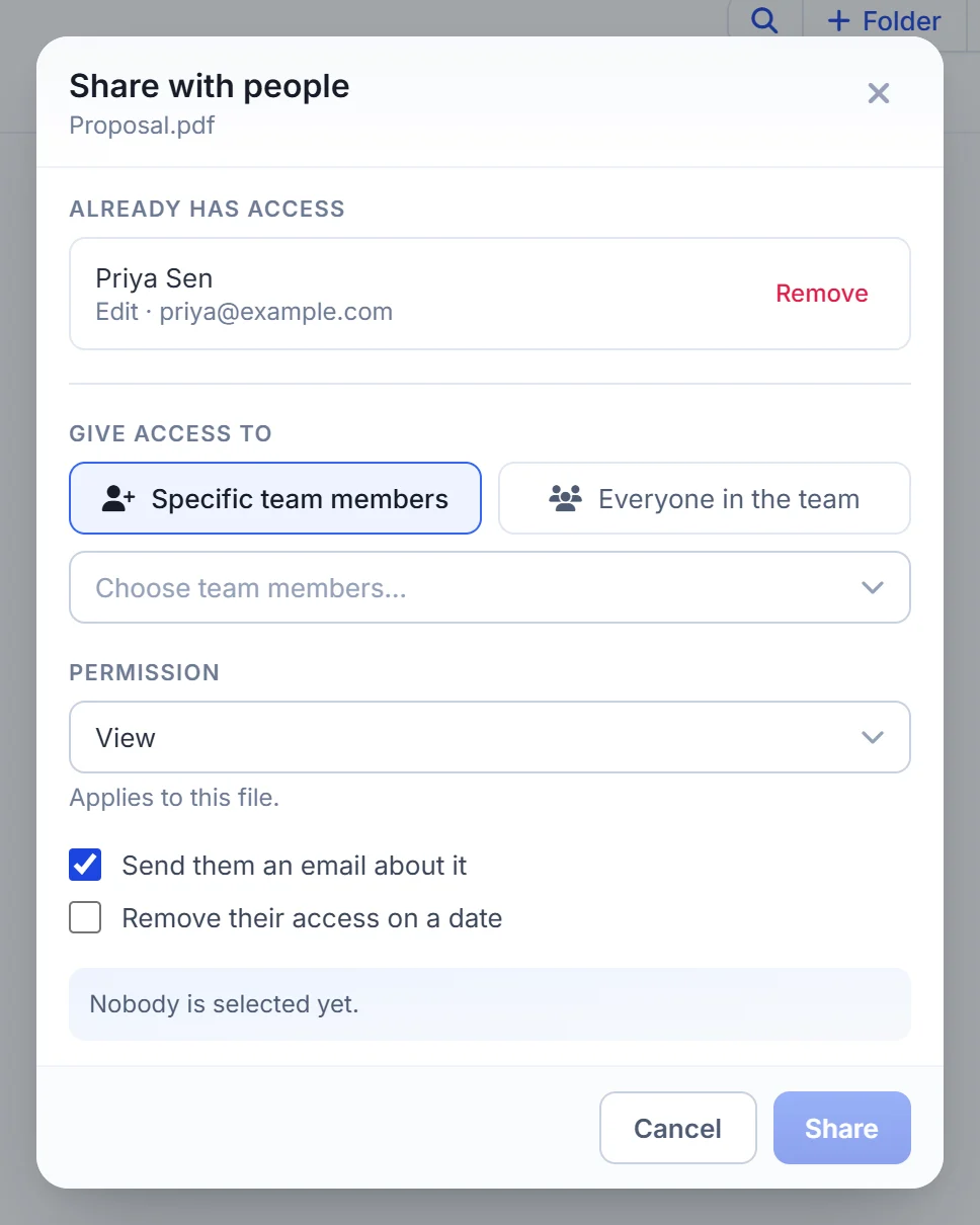 Share a WorkDrive file with specific team members or the whole team from Zoho CRM