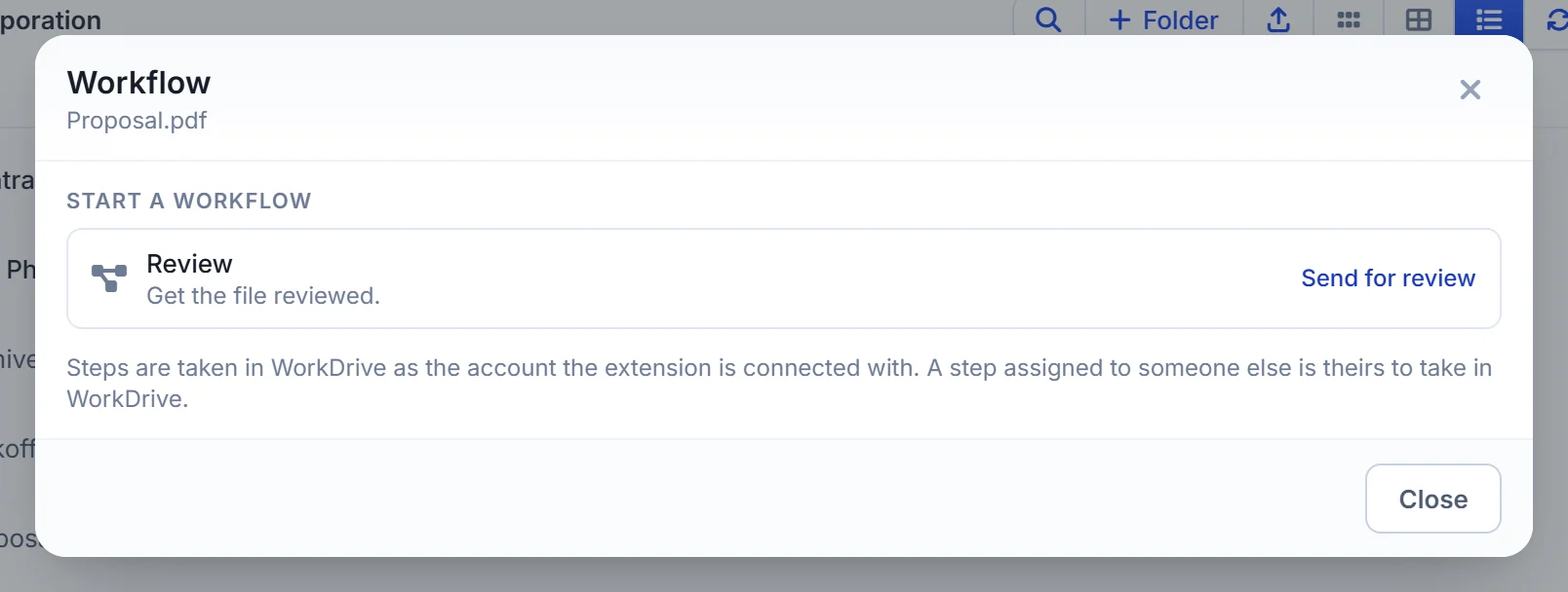 Start a WorkDrive workflow, such as a review, on a file from Zoho CRM