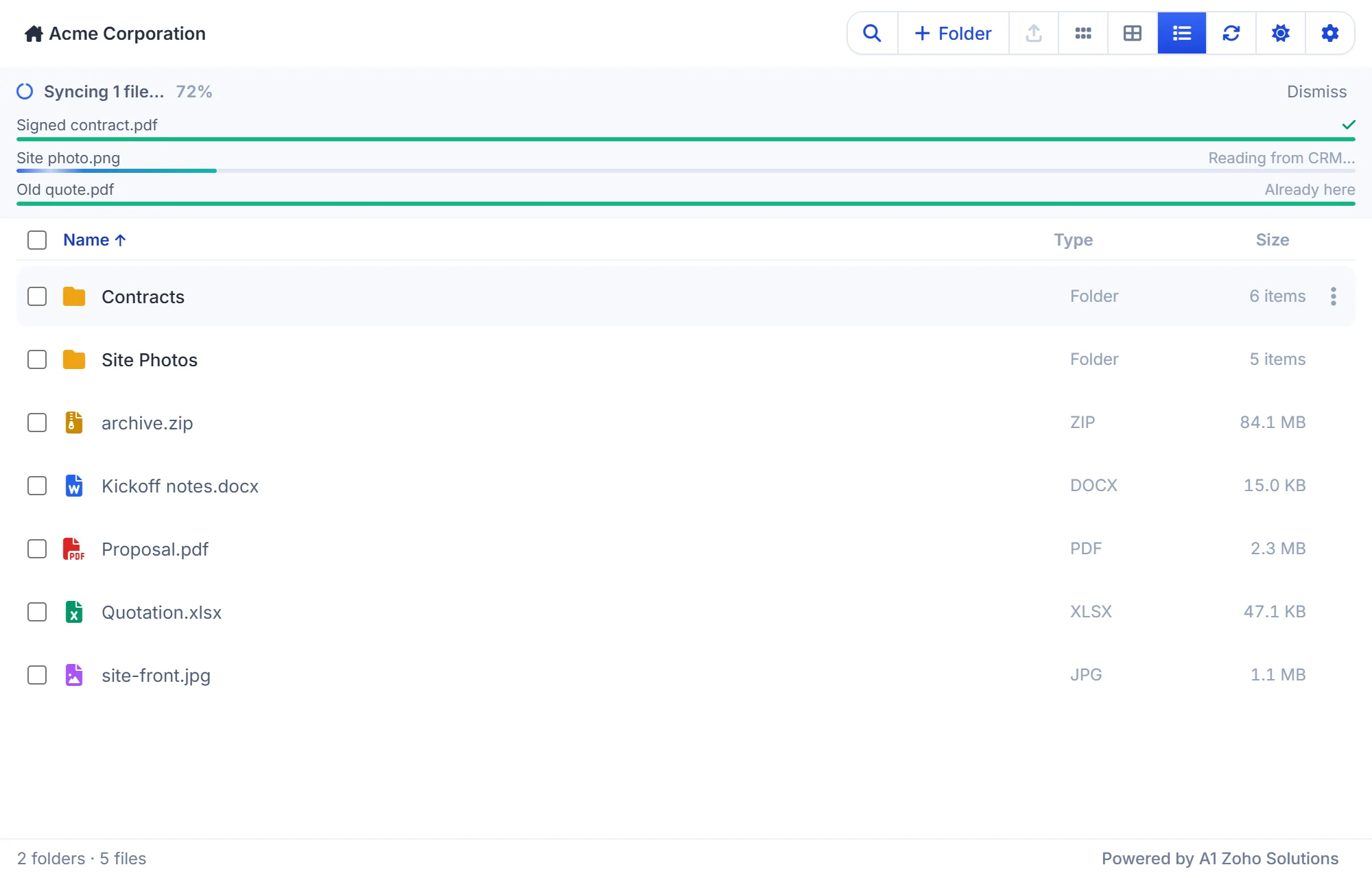 Sync Attachments copies the Zoho CRM record's attachments into its WorkDrive folder, with progress for each file