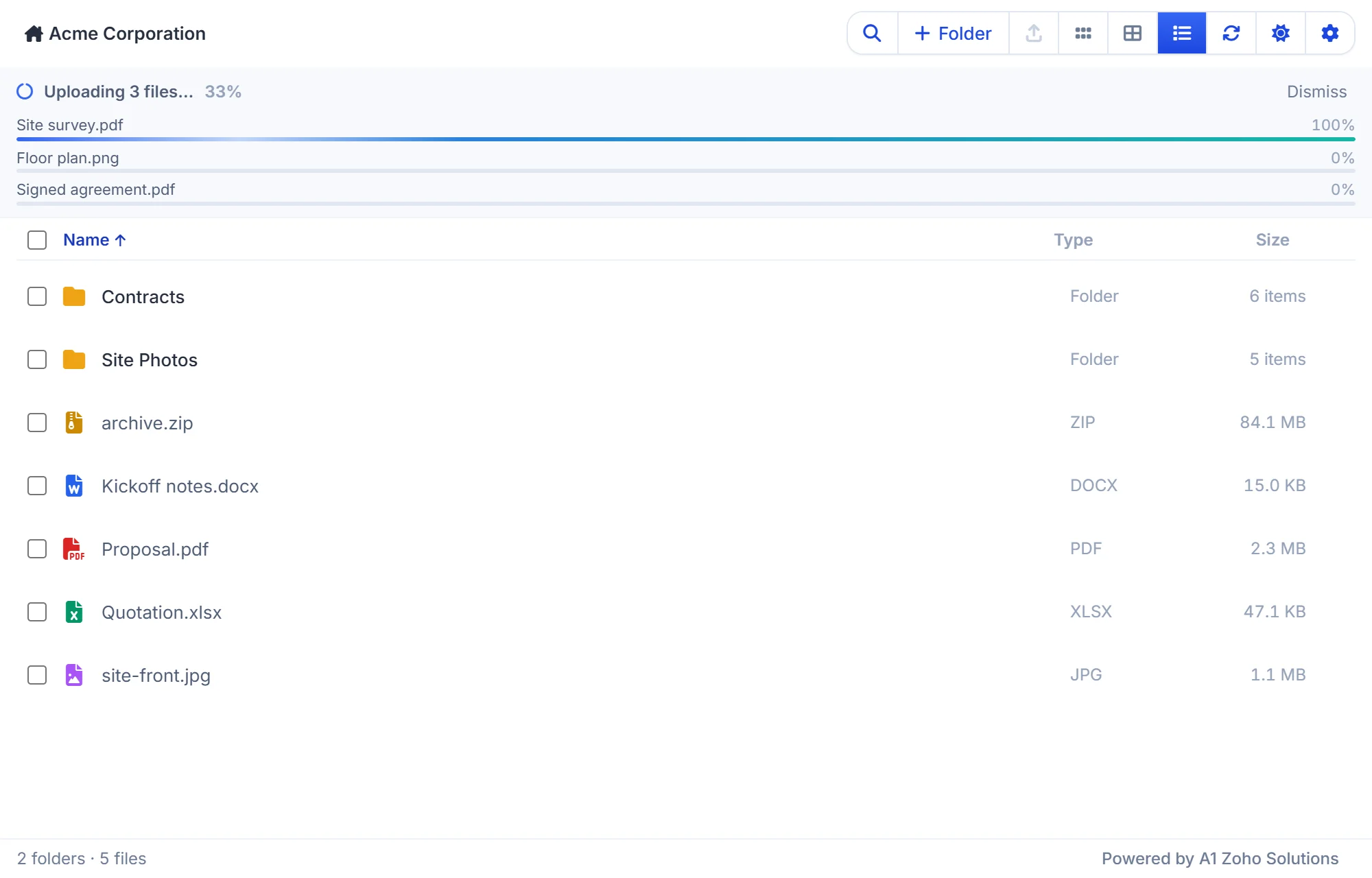 Upload files to Zoho WorkDrive from a Zoho CRM record, with a progress panel for each file