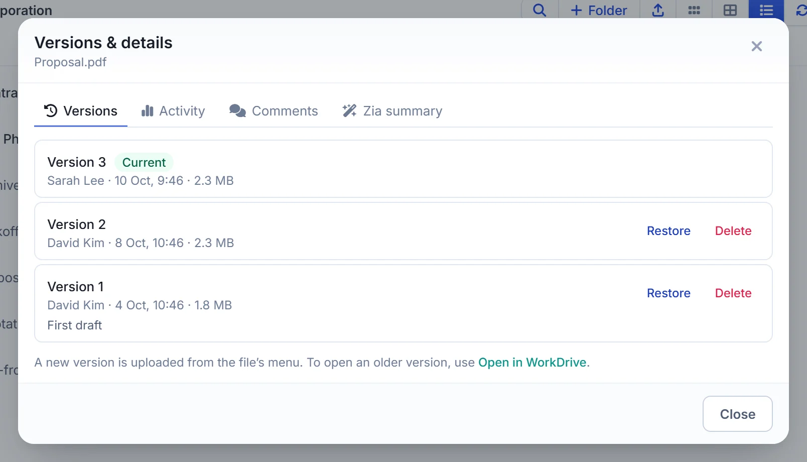 Version history of a WorkDrive file in Zoho CRM: restore an older version or delete one