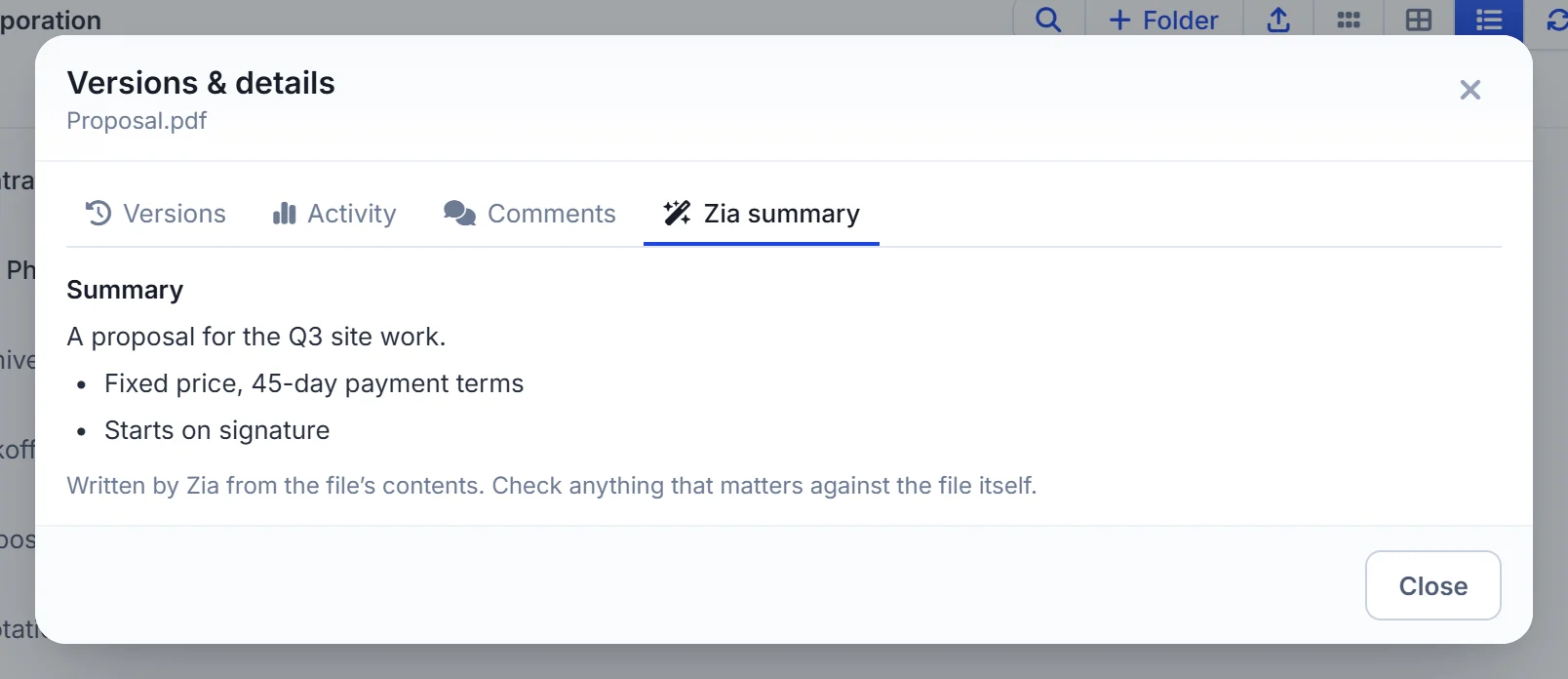 A Zia summary of a document stored in WorkDrive, shown in Zoho CRM
