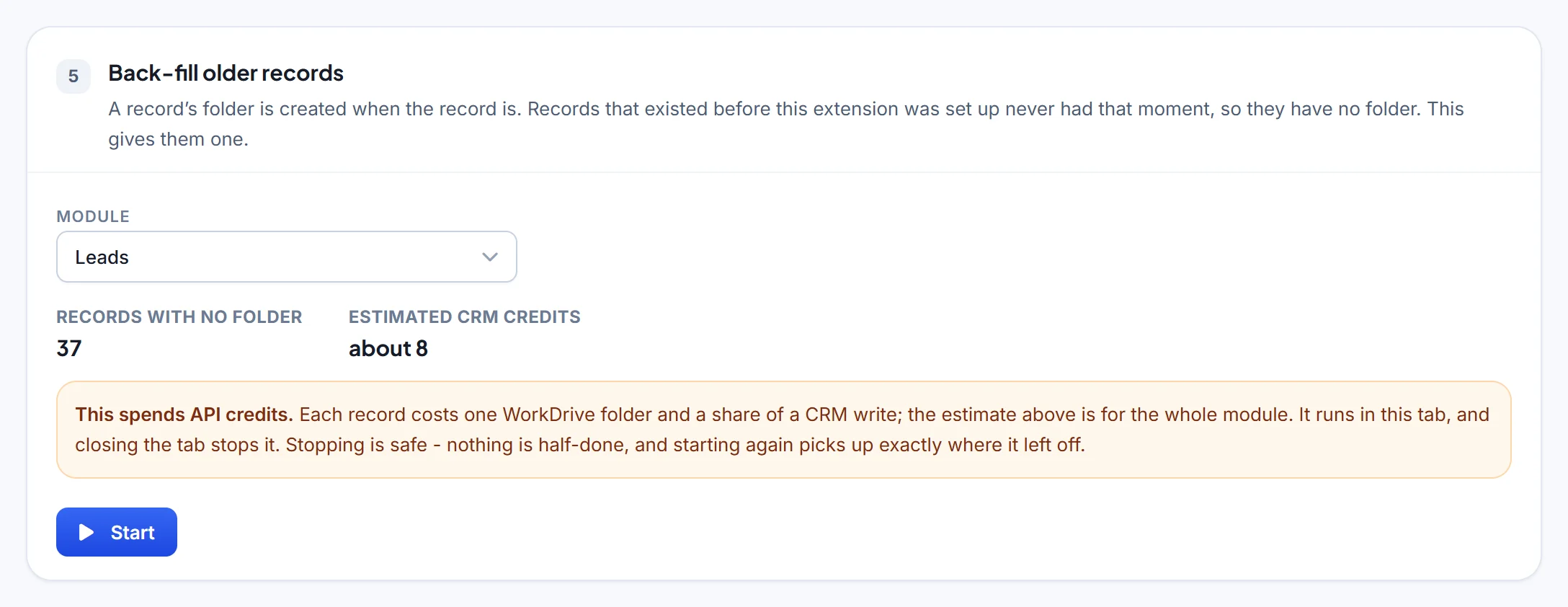 Back-fill older records: pick a module, see how many records have no folder and the estimated CRM credits, then start