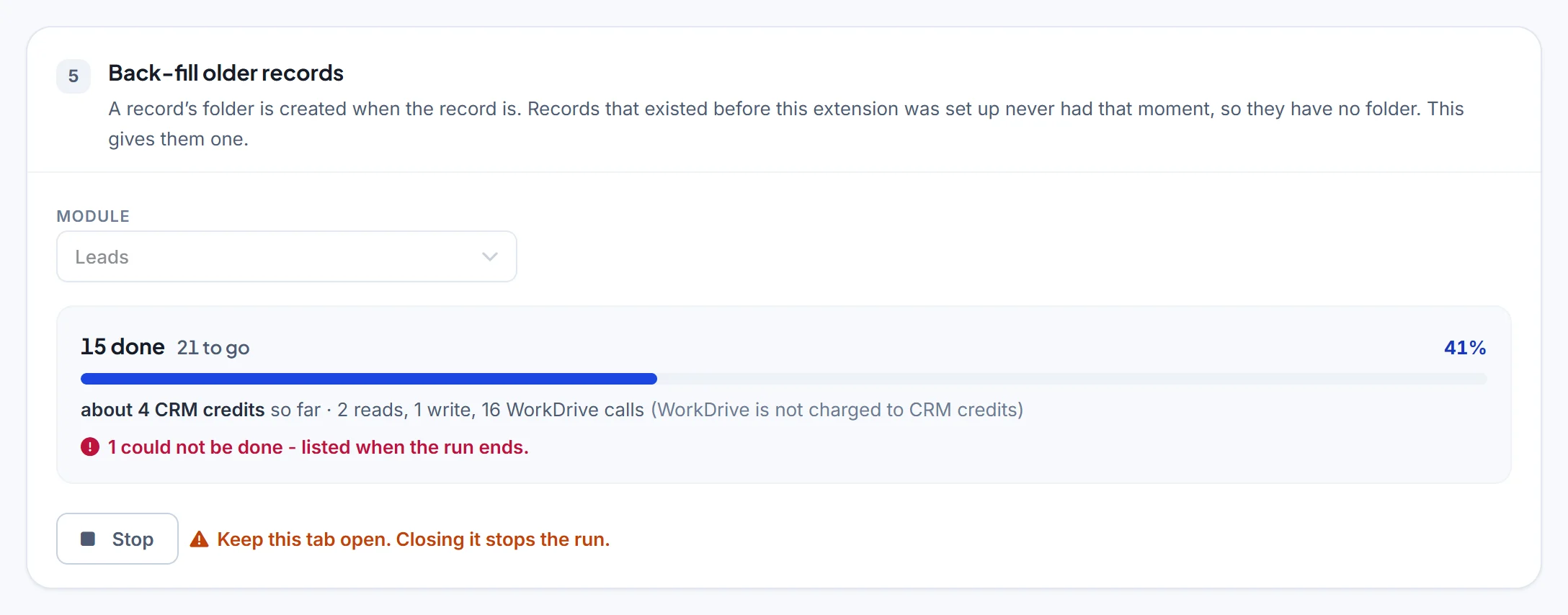 A back-fill run in progress, with records done and left, credits spent and a Stop button