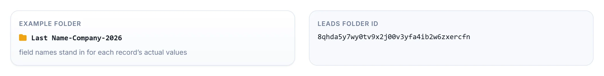 Example folder name preview and the CRM field that stores each record's WorkDrive folder ID