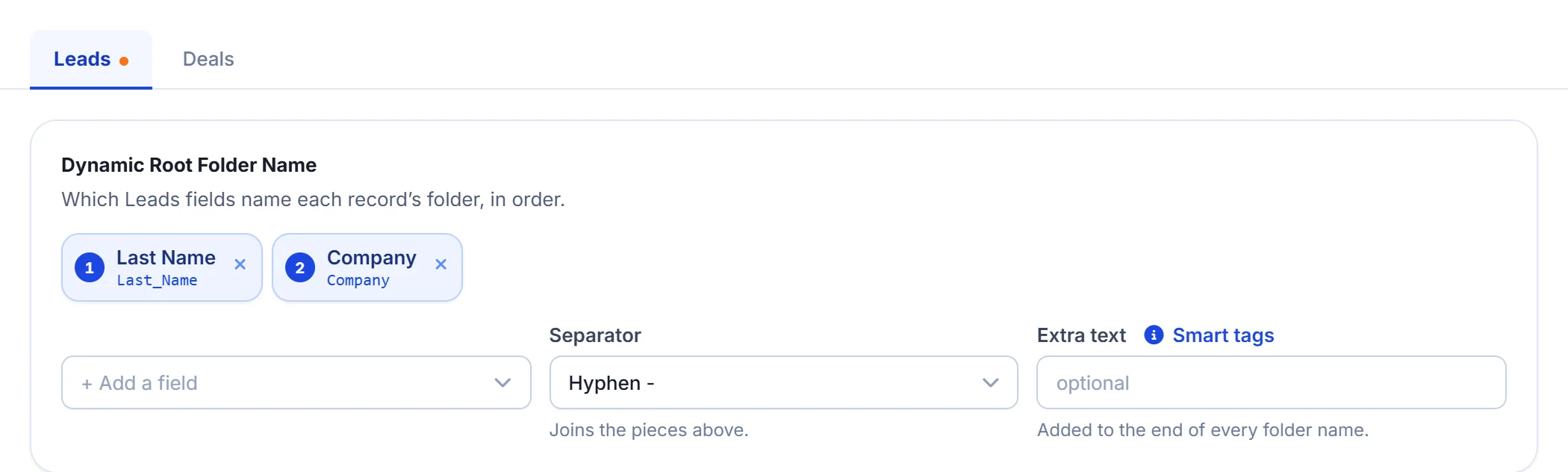 Dynamic folder name for Leads: Last Name and Company fields joined by a hyphen, with optional extra text and smart tags