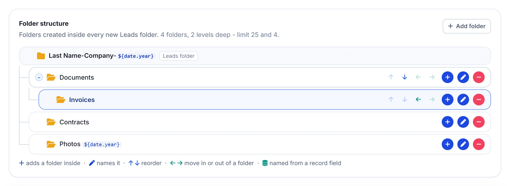 Folder structure for Leads: Documents with an Invoices subfolder, Contracts and a Photos folder named with a smart tag