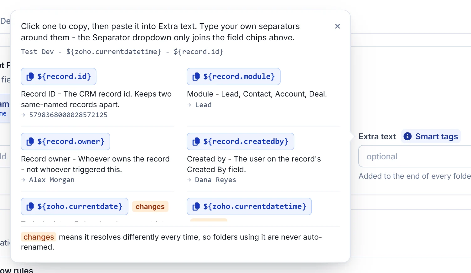 Smart tags list in WorkDrive in Zoho CRM - record ID, module, owner, created by, current date and time, year, month, day and user tags
