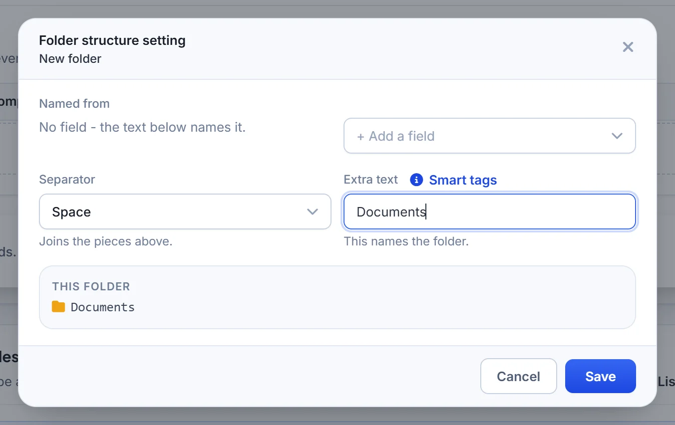 Folder structure setting dialog: name a subfolder with fixed text, CRM fields, a separator and smart tags