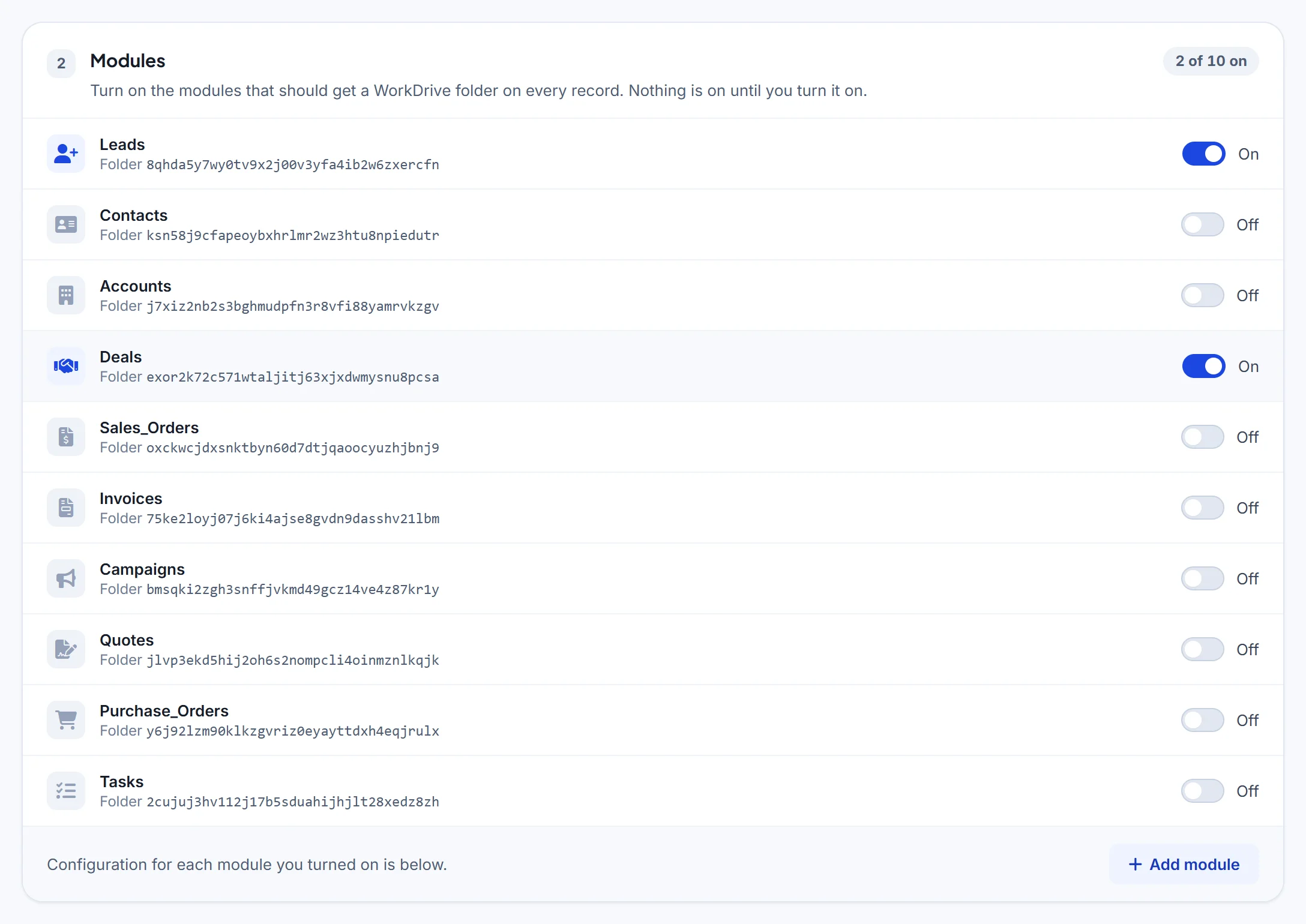 Step 2 in Settings: switch on the Zoho CRM modules, such as Leads and Deals, that should get a WorkDrive folder on every record
