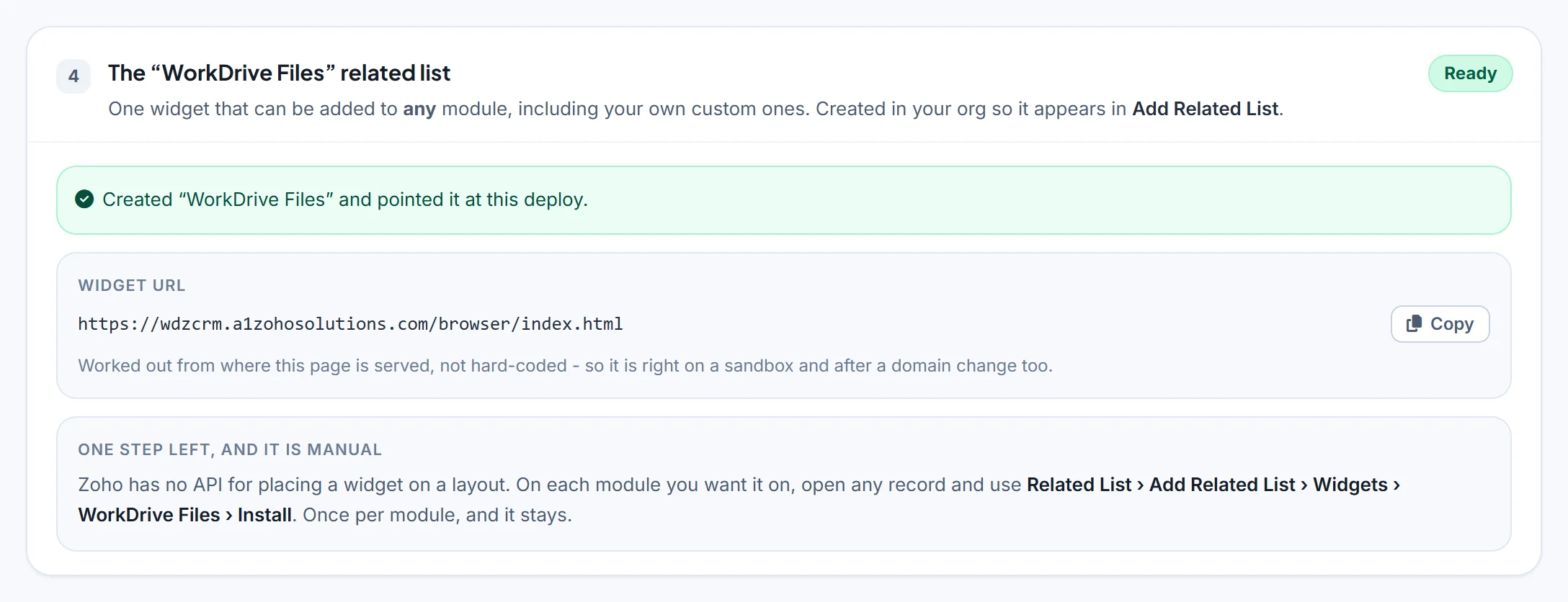 Step 4: the WorkDrive Files related list widget is created in your Zoho CRM org, ready to add to any module